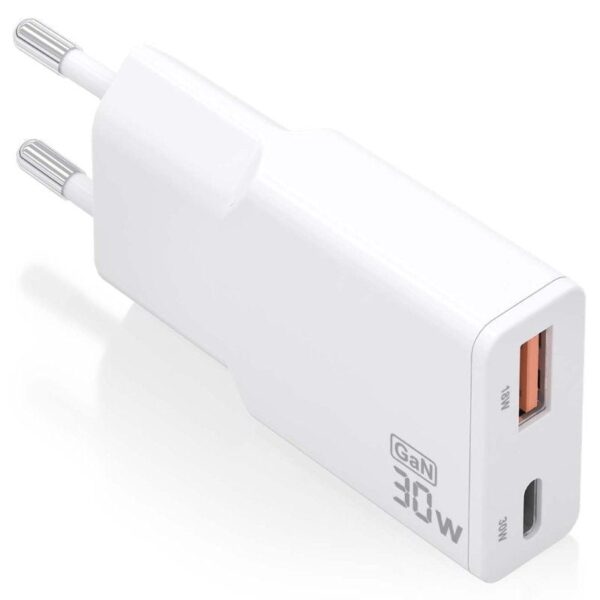 Cargador de Pared GaN Aisens ASCH-30W2P046-W/ 1xUSB Tipo-C/ 1xUSB/ 30W/ Blanco