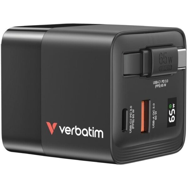Cargador de Pared Universal GaN para Viaje Verbatim GaN Charger/ 1xUSB Tipo-C/ 1xUSB/ 1xUSB Tipo-C Macho/ 65W