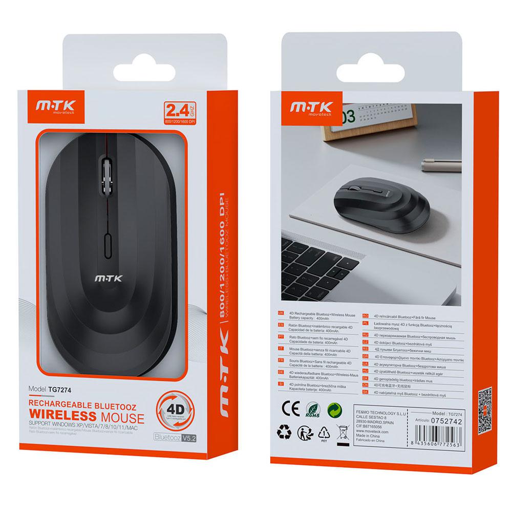 Raton inalámbrico recargable Wave TG7274 / RF 2.4Ghz / Bluetooth 5.2 / 1600 dpi / 400mah / Negro / MTK - Imagen 2