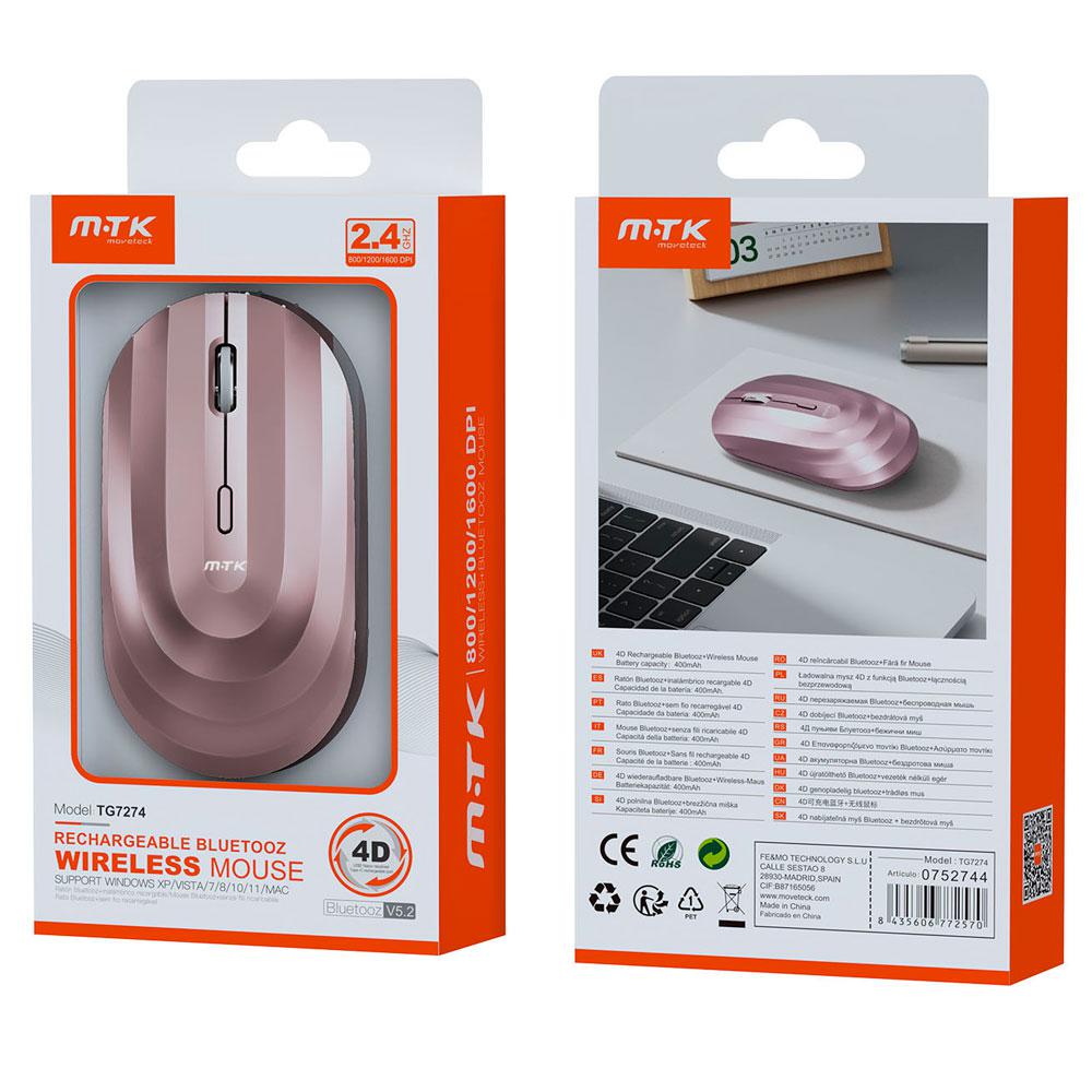 Raton inalámbrico recargable Wave TG7274 / RF 2.4Ghz / Bluetooth 5.2 / 1600 dpi / 400mah / Rosa / MTK - Imagen 2
