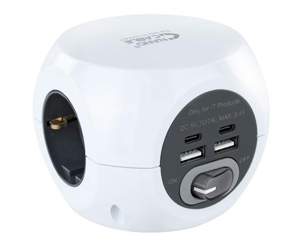 Base de 3 enchufes con interruptor + 4 USB (2 USB A + 2 USB-C) Nanocable 10.37.0001