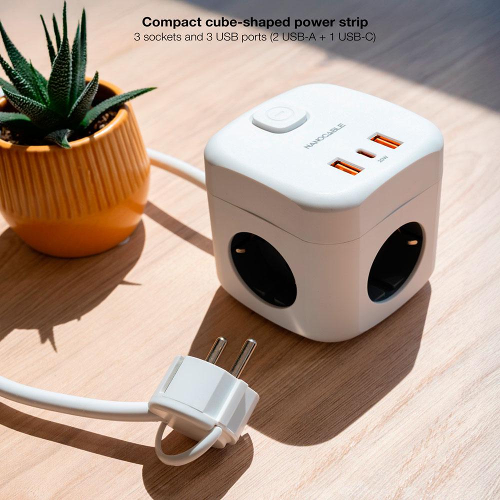 Base de 3 enchufes con interruptor + (2 USB-A + 1 TYPE-C) / GaN + PPS / PD 20W / Blanco / Nanocable 10.37.0011 - Imagen 4