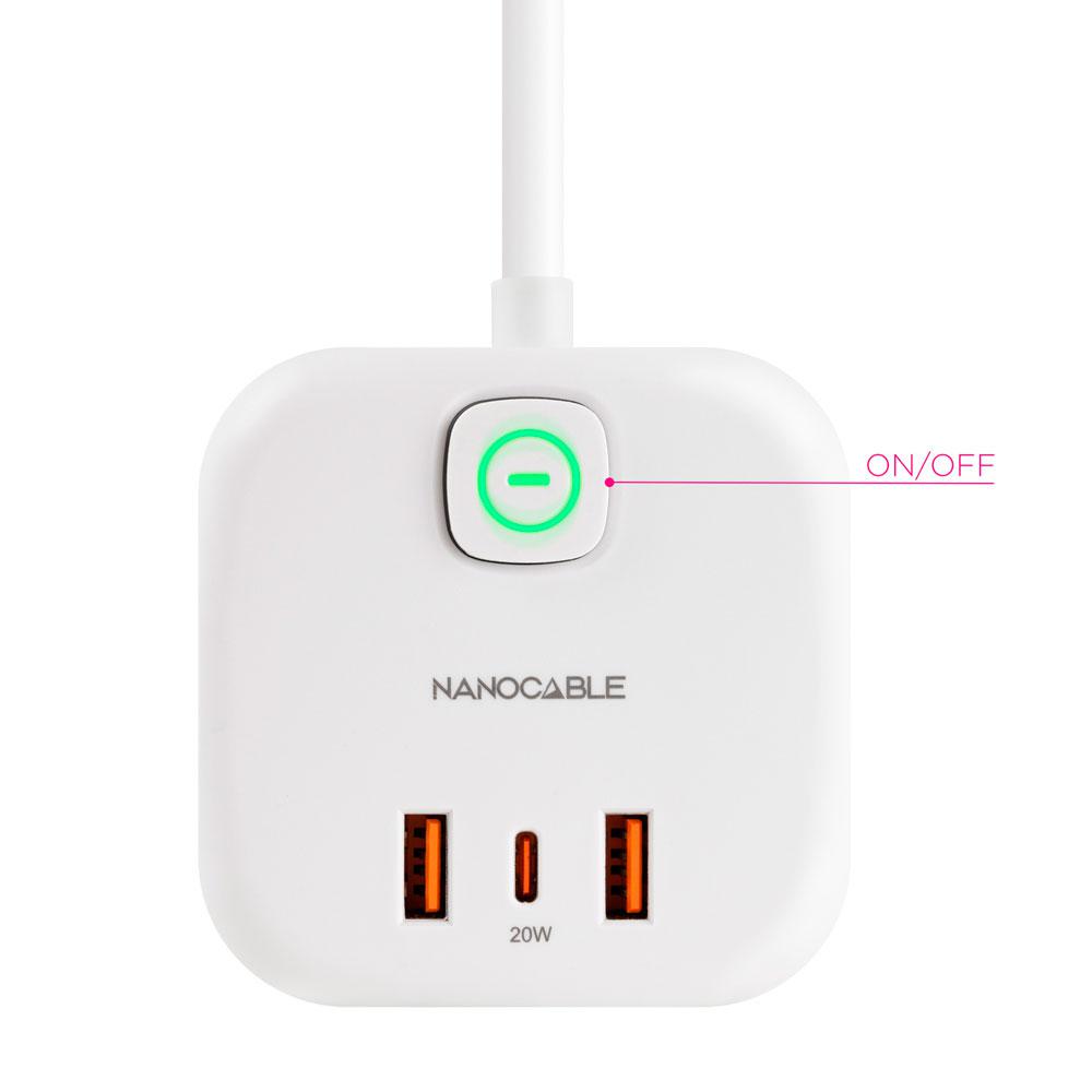 Base de 3 enchufes con interruptor + (2 USB-A + 1 TYPE-C) / GaN + PPS / PD 20W / Blanco / Nanocable 10.37.0011 - Imagen 2