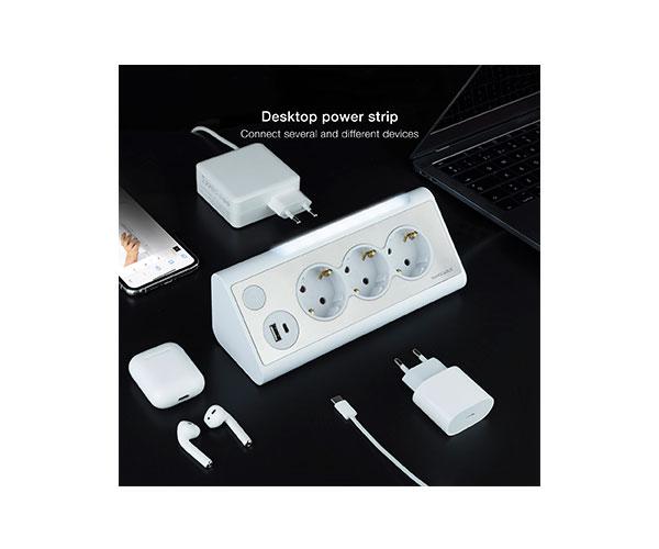 Regleta de Sobremesa con 3 Tomas de Tierra y 2 USB con Luz / Blanco / Nanocable 10.37.0013-w - Imagen 3