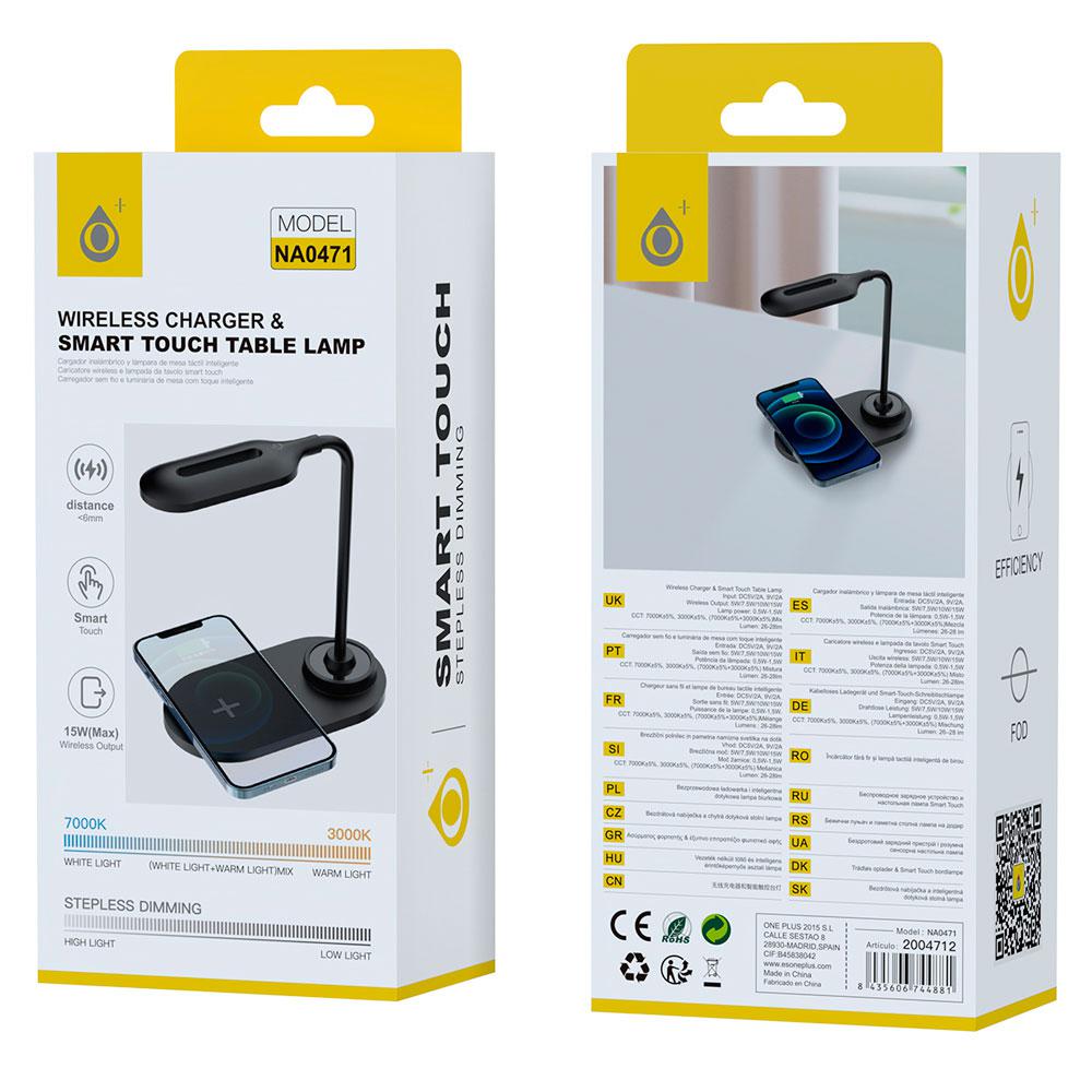 Lampara de mesa flexible Led NA0471 + Cargador rapido inalámbrico Qi 15w / Negra / One+ / 2004712 - Imagen 2