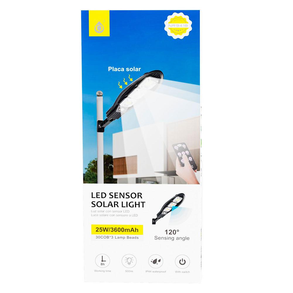 Lampara solar Led 25W / NR9418 / 30 COB / Luz para exterior/ Sensor de movimiento 3m-5m / 120º / Ip44 / 3600mAh / Negro / One+ - Imagen 2