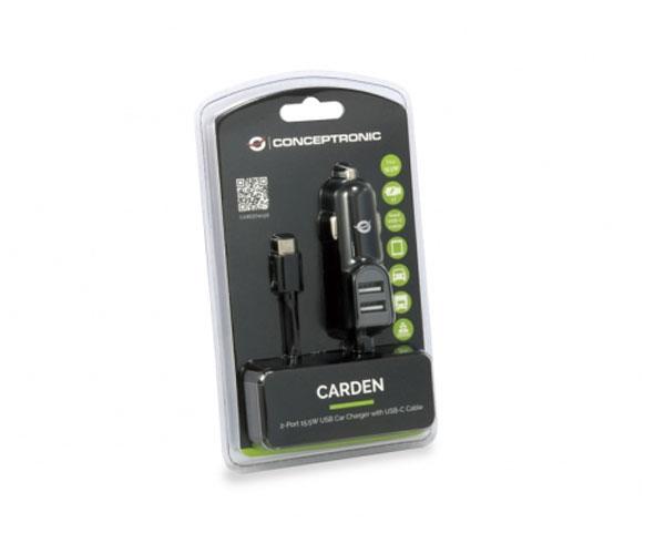 Cargador de coche-mechero con cable Type-C / 2x Usb / 15.5w / Negro / Carden05b / Conceptronic - Imagen 2