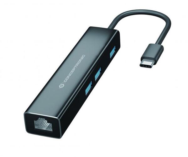 Hub adaptador Type-C a 3x USB 3.0 + Ethernet Gigabit Rj45 / Conceptronic / DONN07B