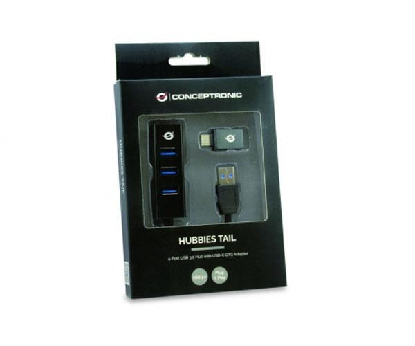 Hub 4 puertos Usb 3.0 Conceptronic HUBBIES TAIL / Incluye adaptador Type-C 3.0 HUBBIES04B - Imagen 2