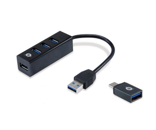 Hub 4 puertos Usb 3.0 Conceptronic HUBBIES TAIL / Incluye adaptador Type-C 3.0 HUBBIES04B