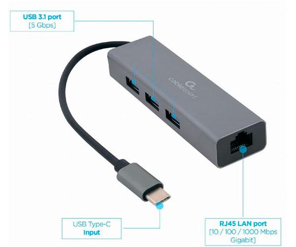 Hub Type-C a 3xUSB 3.0 / 1x RJ45 Gigabit / 17 cm / A-CMU3-LAN-01